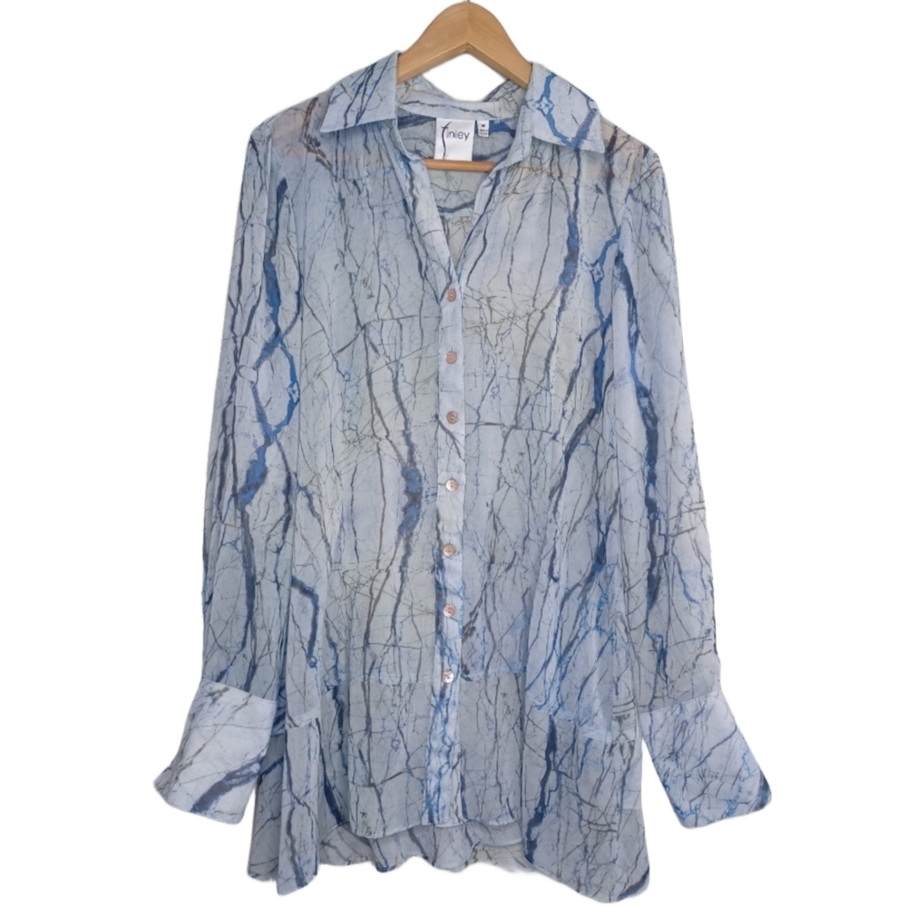 Finley Artsy Sheer Sz M Marble Artsy Button Front Long-sleeve Blouse